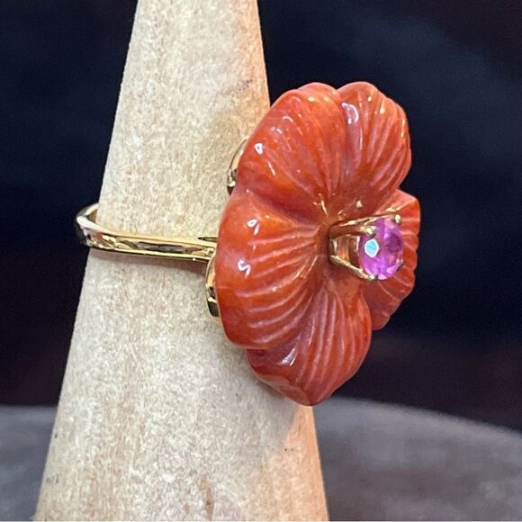 NWT Carved Red Jade & Niassa Ruby Primrose Floral Ring Yellow Gold /Sterling - Picture 3 of 13